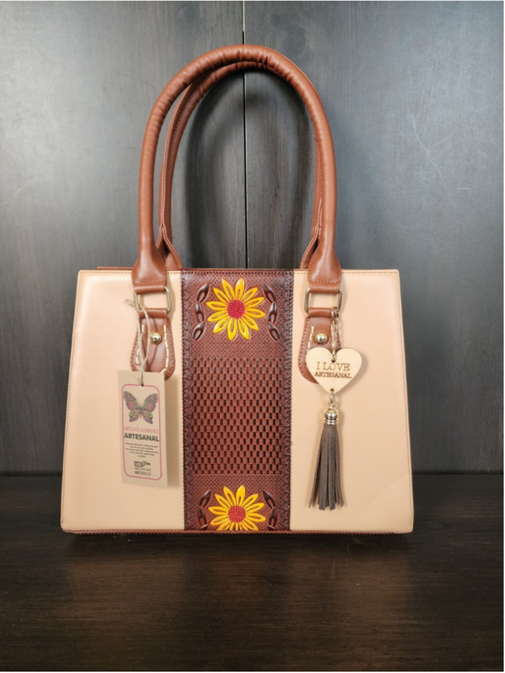 Beige Sunflowers Embossed Tooled Artisan Bag Purse Tote Handbag Bolsa Artesanal - Picture 4 of 16